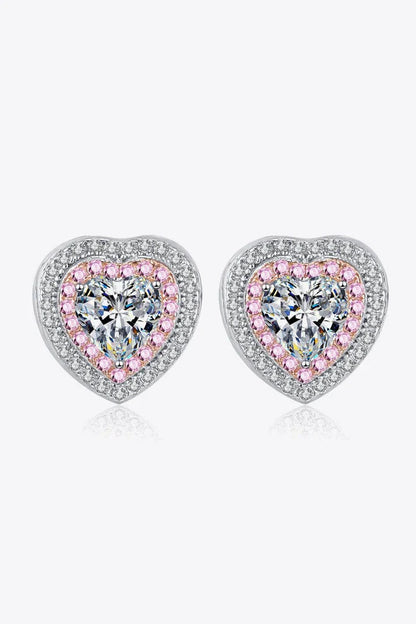 Elegant silver moissanite heart-shaped stud earrings with sparkling zircon accents