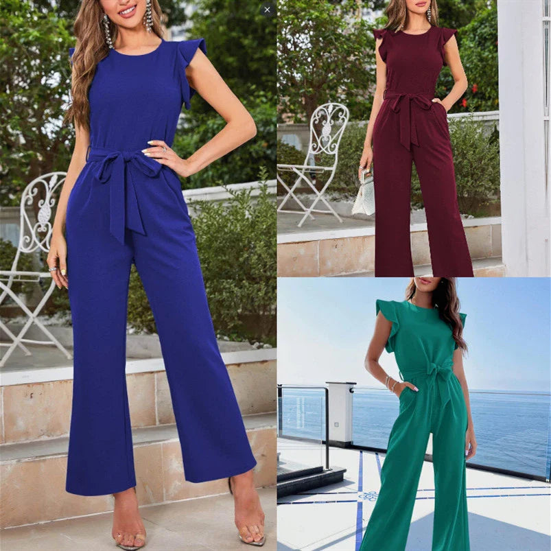 A stylish ruffled wide-leg jumpsuit for women, available in multiple colors