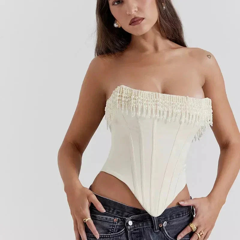 Chic strapless corset top with beaded tassels in white color, perfect for beach parties and special events