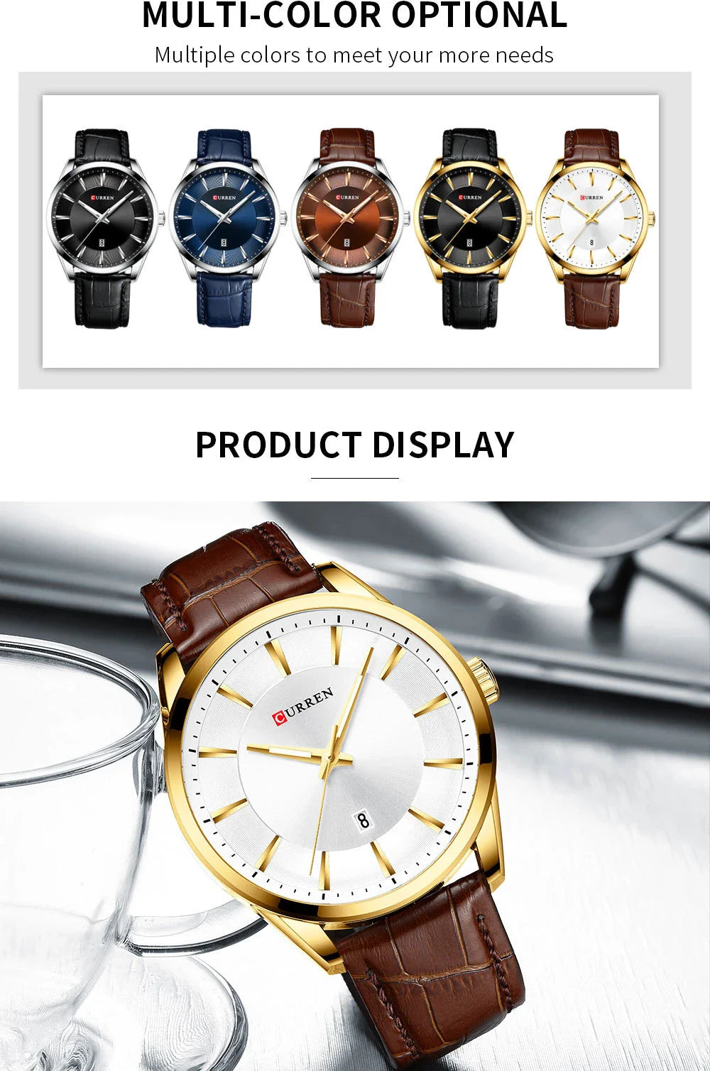 Stylish waterproof men's round belt watch in various color options, including black and white, coffee and white, blue and white, coffee and gold, and gold and black.