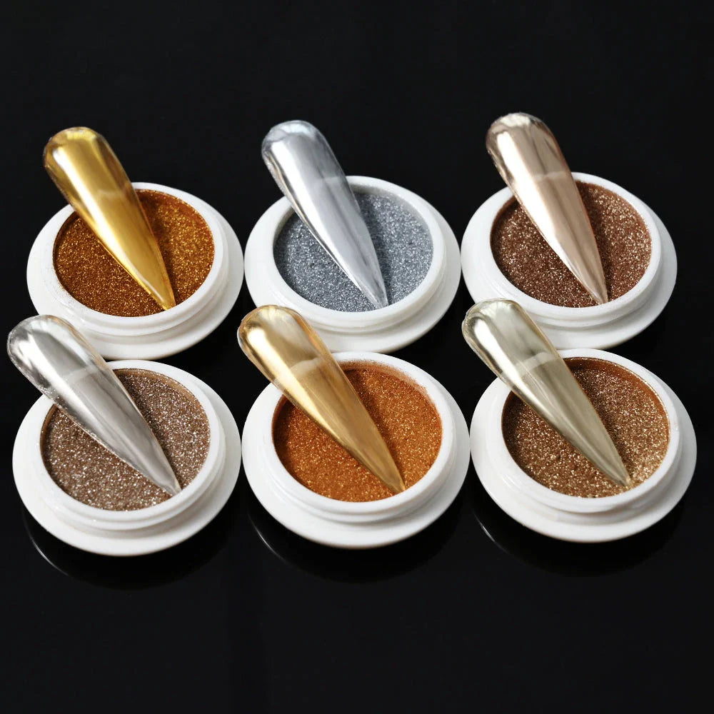 Glamorous mirror chrome metallic nail art powder set with gold and silver color options