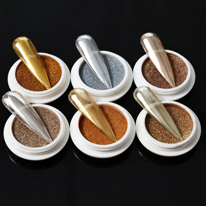 Glamorous mirror chrome metallic nail art powder set with gold and silver color options