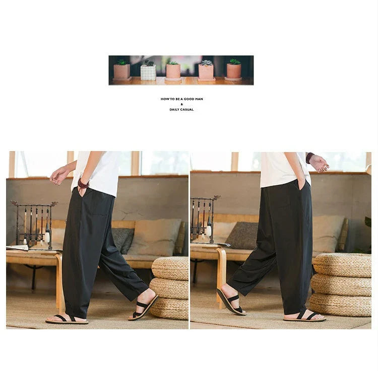 Men's Chinese-inspired harem pants made of luxurious ice silk fabric with a relaxed, draped silhouette