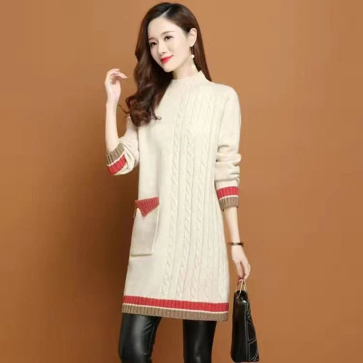 A mid-length knit dress with a cozy half-turtleneck, made of soft polyester fabric for all-day comfort and style.