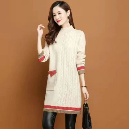 A mid-length knit dress with a cozy half-turtleneck, made of soft polyester fabric for all-day comfort and style.