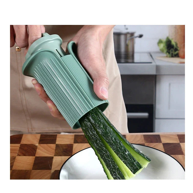 A modern and efficient cucumber slicer with a vibrant green color and a multifunctional design for easy vegetable prep