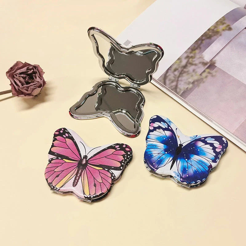 Compact Folding Butterfly Makeup Mirror with Premium PU Leather, Glass, and Zinc Alloy Construction