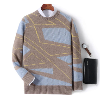 A cozy, plaid pullover sweater in gray, lake blue, purple velvet camel, and olive green colors, featuring a relaxed fit and premium wool construction for warmth and comfort.