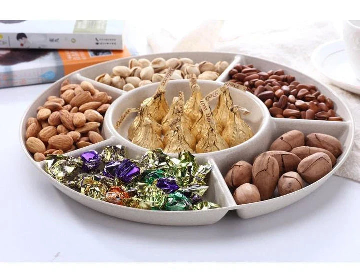Stylish plastic plate in green and khaki colors, perfect for serving individual snacks or shared platters
