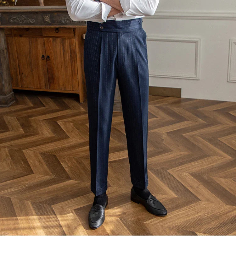 Men's premium Italian straight leg pants with gold and silver striped pattern, high-waisted design, and durable construction