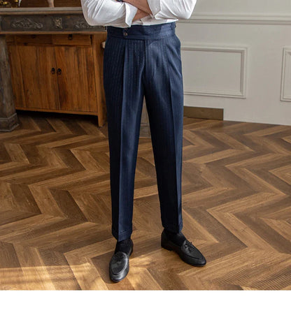Men's premium Italian straight leg pants with gold and silver striped pattern, high-waisted design, and durable construction