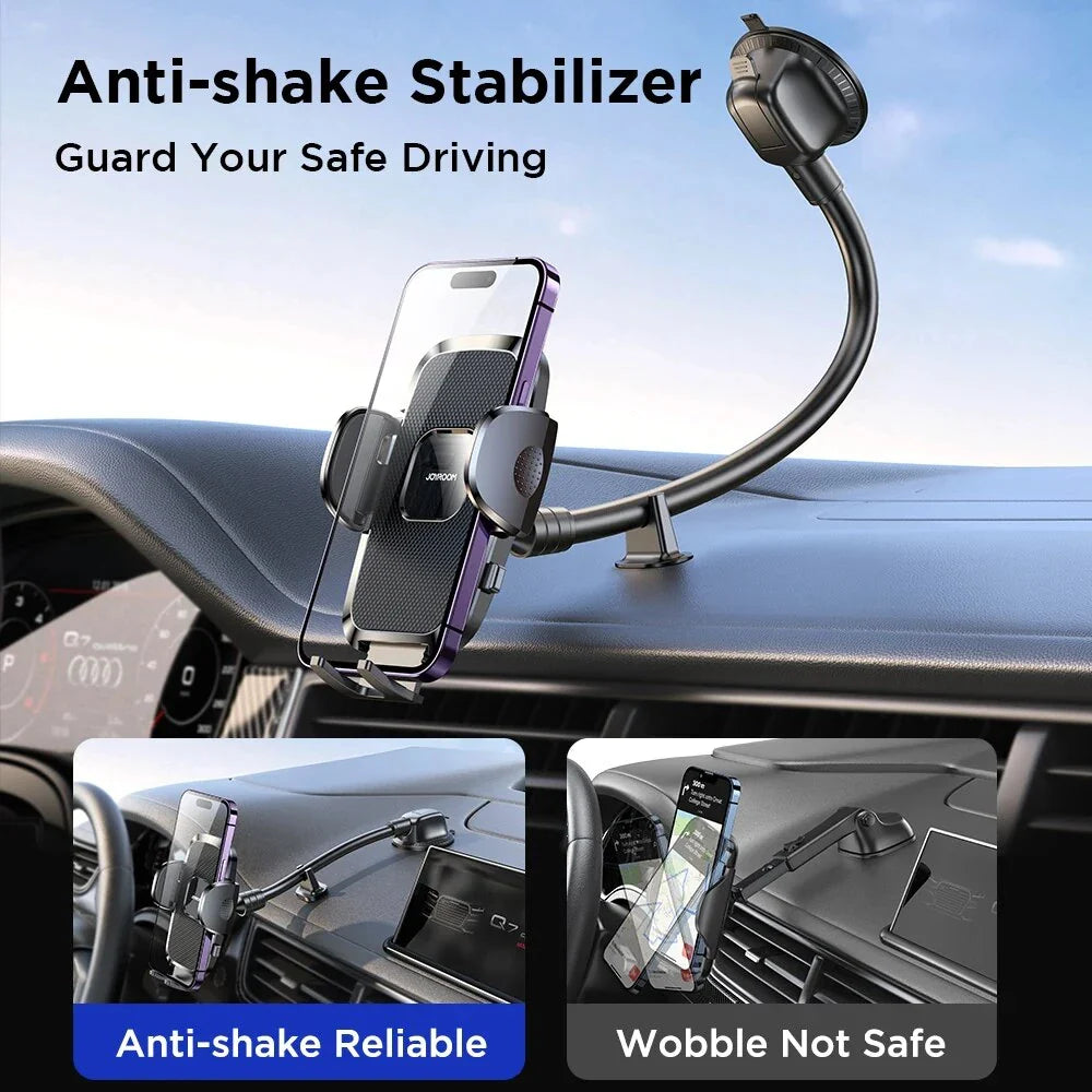 360-degree rotating car phone holder with flexible arm and universal smartphone compatibility