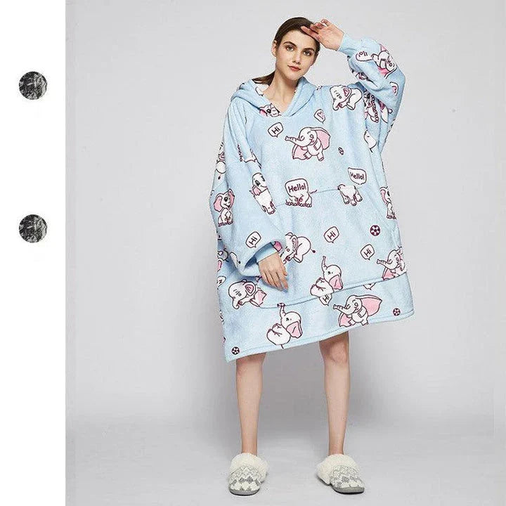 Large flannel pajamas in blue, pink, and elephant print pattern for cozy casual home comfort