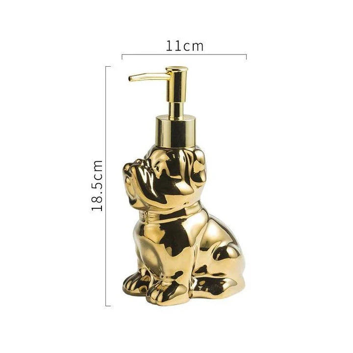 Premium 280ML ceramic dog-shaped soap dispenser with elegant gold and silver finishes for luxurious bathroom decor