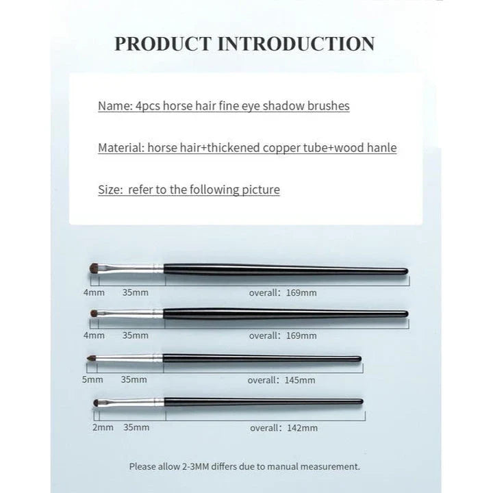 Premium 4-piece eyeliner, smudge, and eyeshadow brush set with natural horse hair bristles for flawless eye makeup