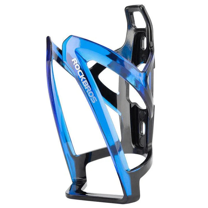 A stylish, lightweight cycling bottle holder with a two-tone design, securely holding a water bottle on a bike.