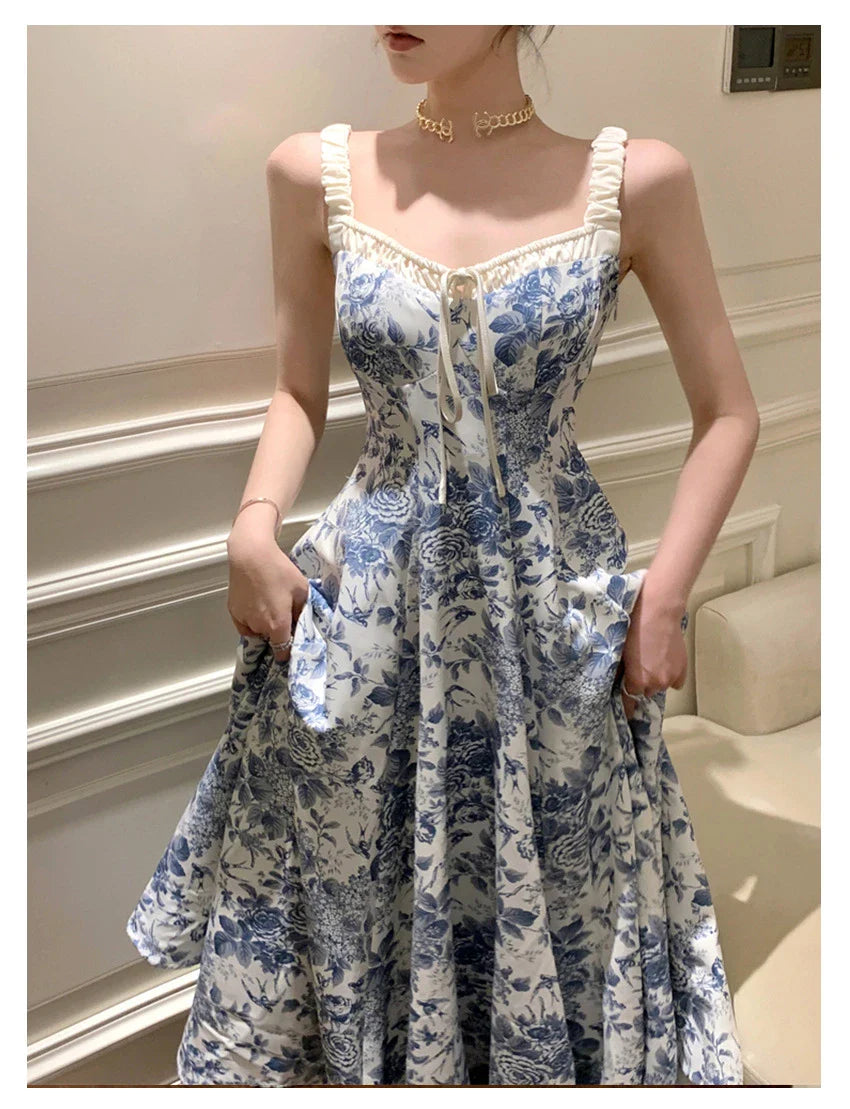 Trendha Retro Floral Strap Dress with A-line silhouette and adjustable straps for a flattering fit