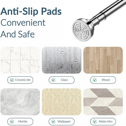 Adjustable stainless steel tension shower curtain rod in multiple size options for versatile bathroom and home use