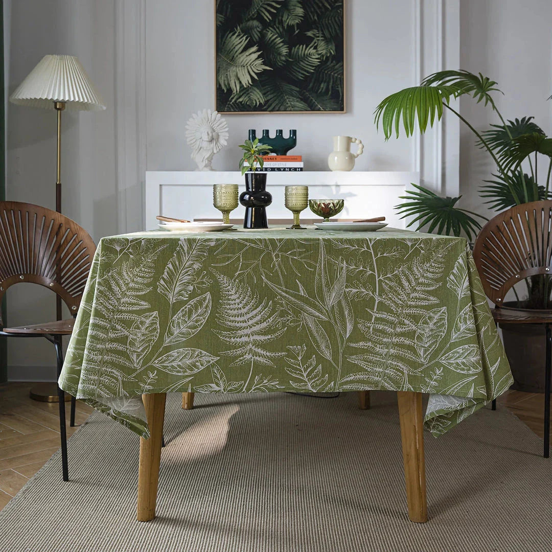 Green Leaf Sketching Dining Table Cloth with a charming jacquard weave and printed leaf pattern