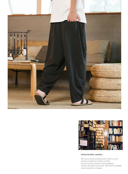 Men's Chinese-inspired harem pants made of luxurious ice silk fabric with a relaxed, draped silhouette