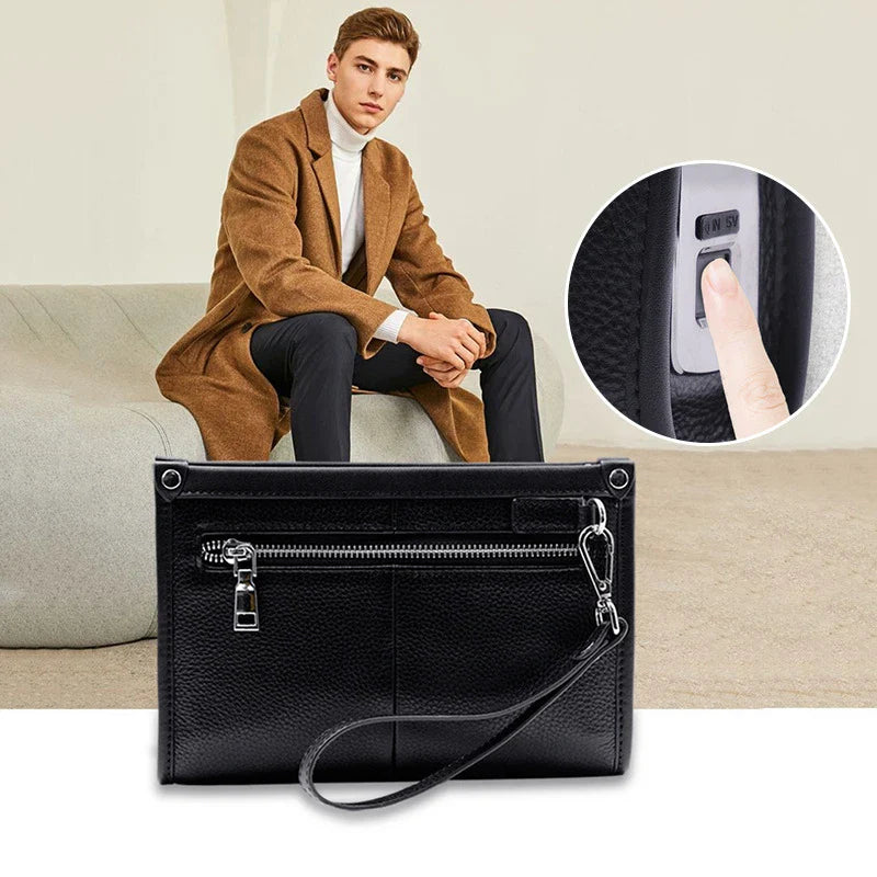 Premium leather business handbag with fingerprint lock, organized interior, and roomy design for modern professionals