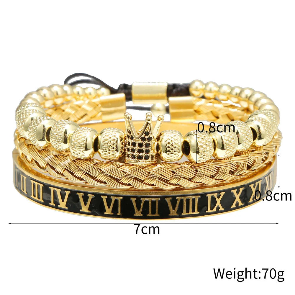 Crown-inspired braided bracelet set with stainless steel and copper construction for a retro-chic American and European style