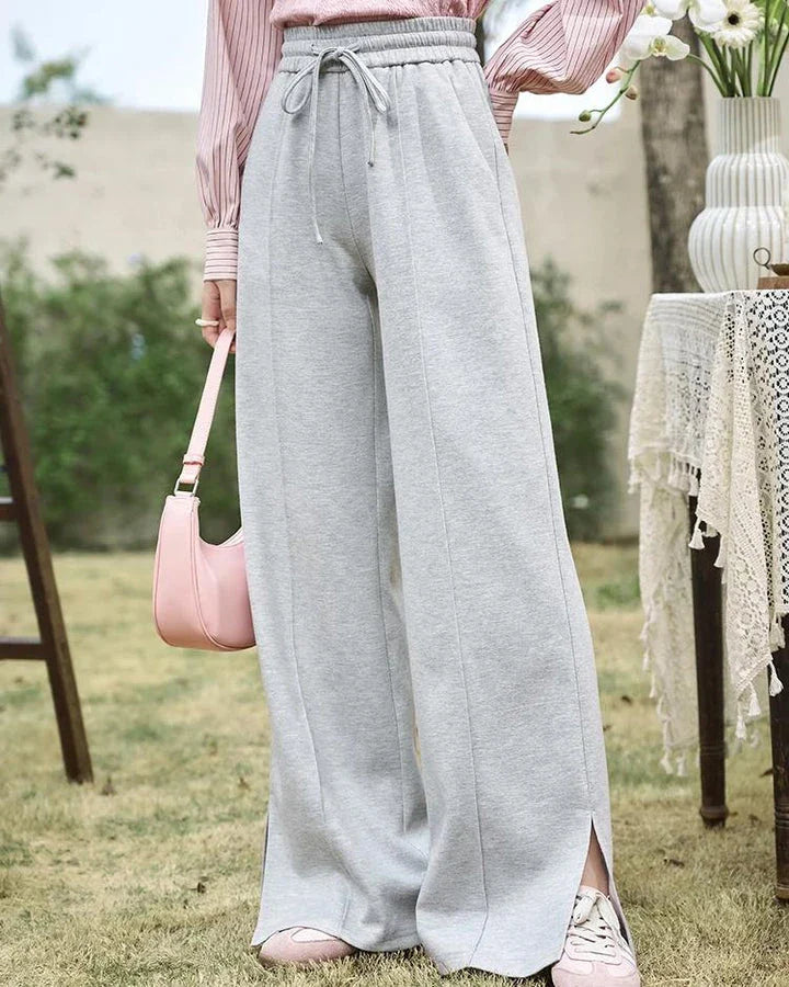 High-Waisted Wide Leg Casual Pants with Lace-Up Waist in Gray Color
