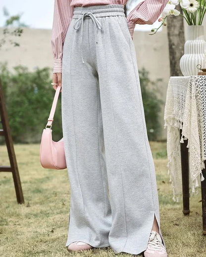 High-Waisted Wide Leg Casual Pants with Lace-Up Waist in Gray Color