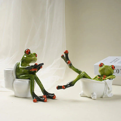 Resin frog figurines in a bathtub, adding a playful touch to bathroom decor