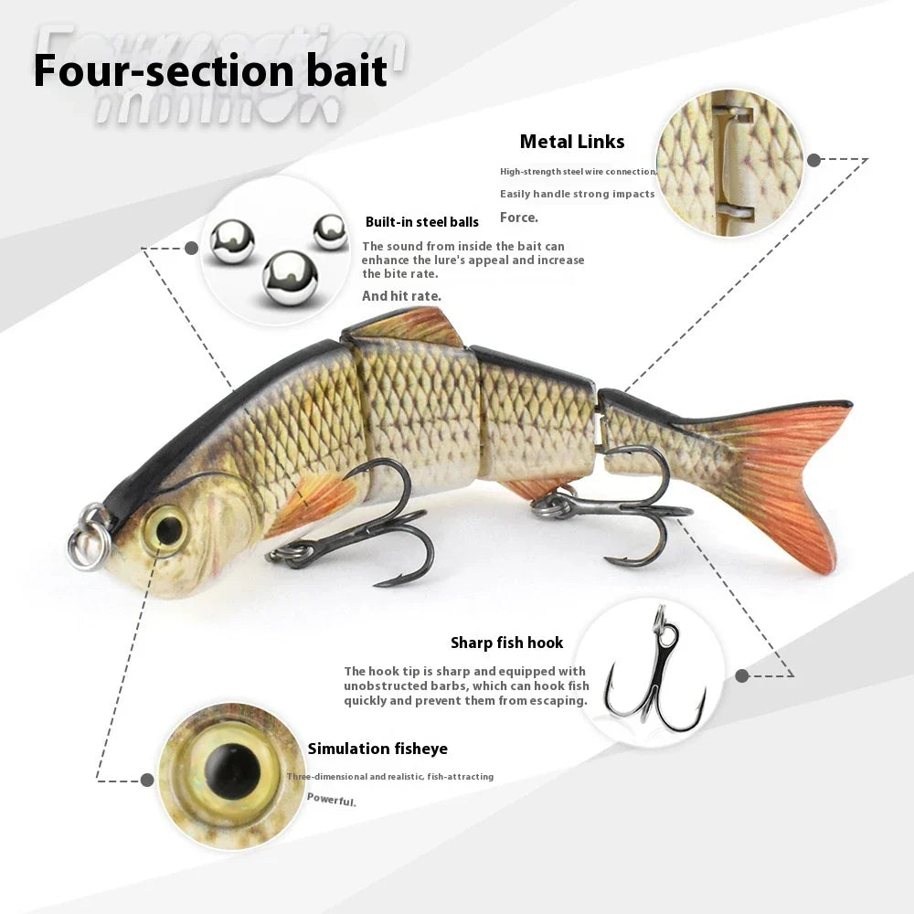 Flexible Multi-section Fish Lure with lifelike swimming action, corrosion-resistant hook, and 3D simulation eye
