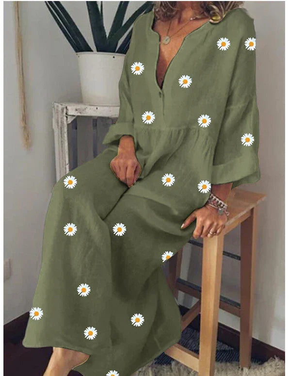 Daisy Print Long Sleeve Loose Dress in Lightblue, featuring a flowing silhouette and delicate floral pattern for a touch of feminine charm.