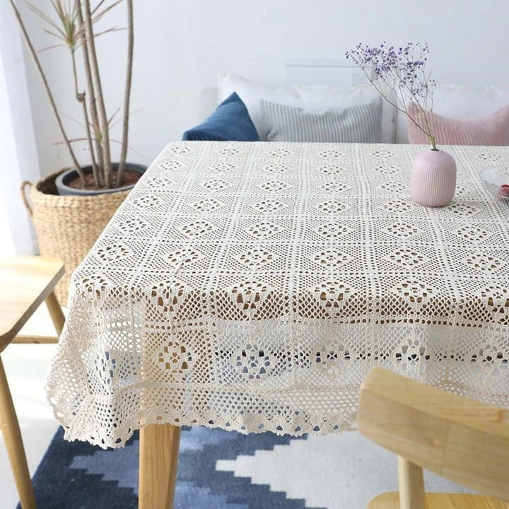Rectangular cotton lace tablecloth in beige color with elegant lace pattern, available in various sizes for home dining