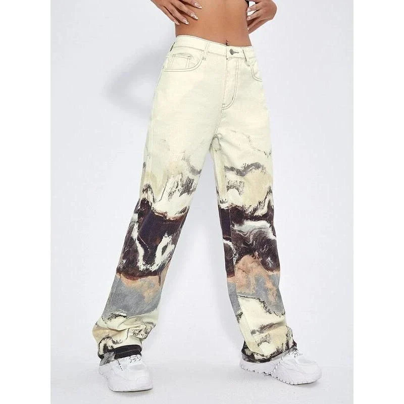 Stylish Korean tie-dye wide-leg high-waist jeans with a unique colorblock design, perfect for casual and office wear