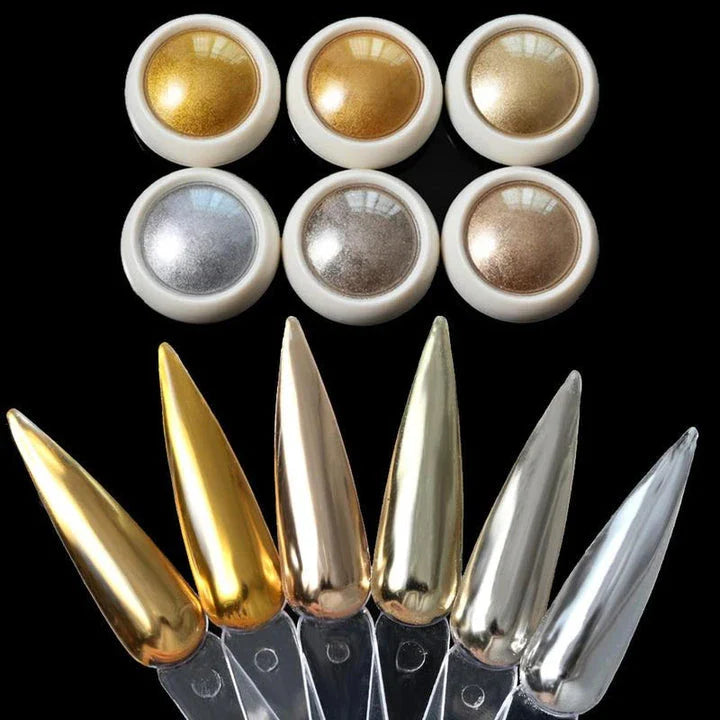 Glamorous mirror chrome metallic nail art powder set with gold and silver color options