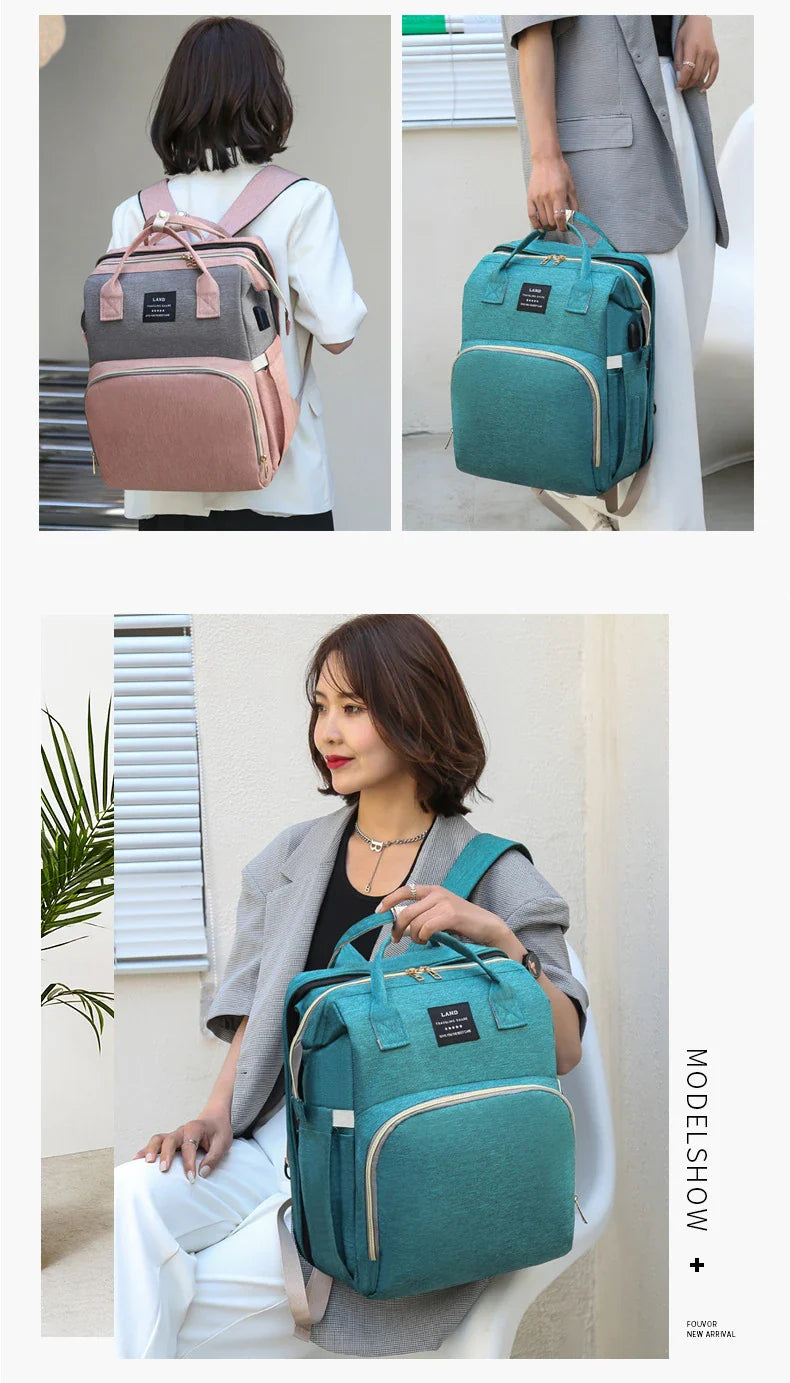 Multifunctional maternity diaper backpack with detachable crib, large capacity, and water-resistant design for travel