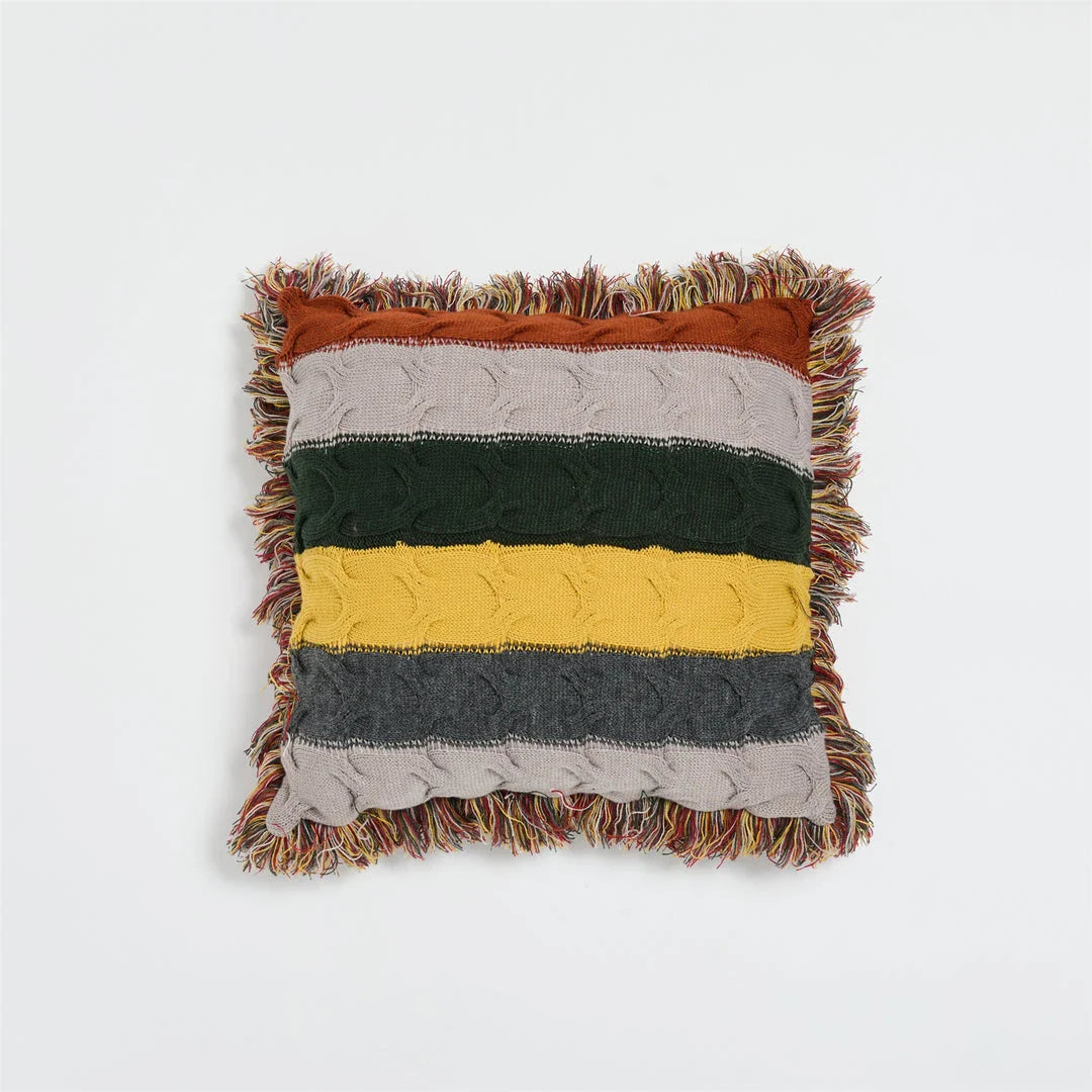 Boho Decorative Wool Knitted Fringed Pillow in Multicolor, Plush Cushion for Sofa and Bed Decor