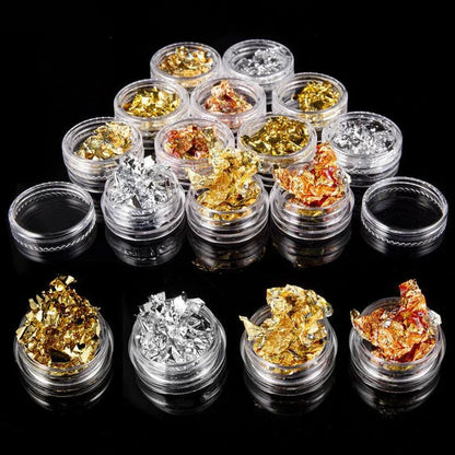 Dazzling gold and silver glitter foil nail art set with 12 vibrant pots for creating stunning, sparkly nail designs