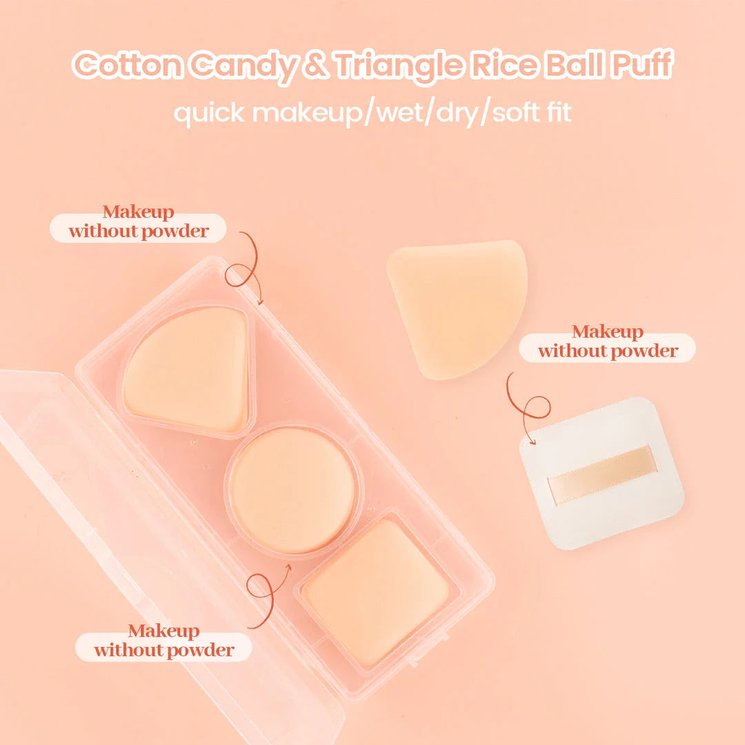 A set of three makeup sponges in round, rectangle, and triangle shapes for precise, flawless makeup application