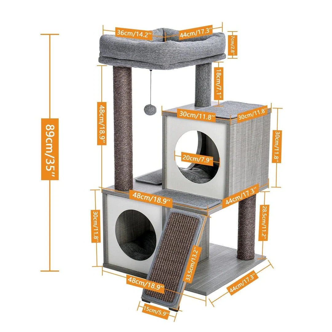 Cozy Cat Tree House with Ladder - A premium cat furniture piece featuring a spacious two-level design, sisal-covered scratching posts, and a convenient built-in ladder for your feline friend's comfort and enrichment.
