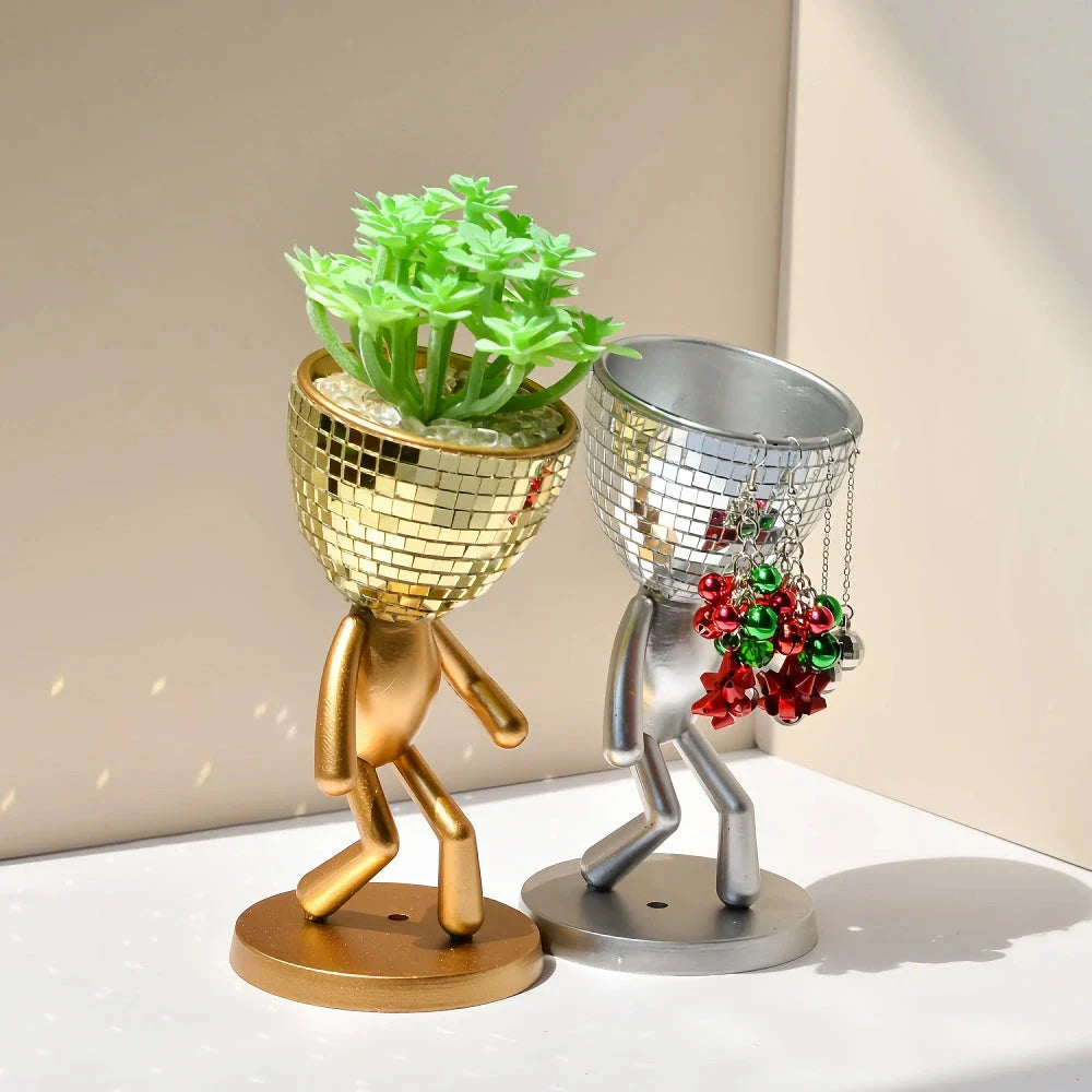 Elegant mirror disco walking man planter pot with sparkling mirror tiles and a unique walking man design