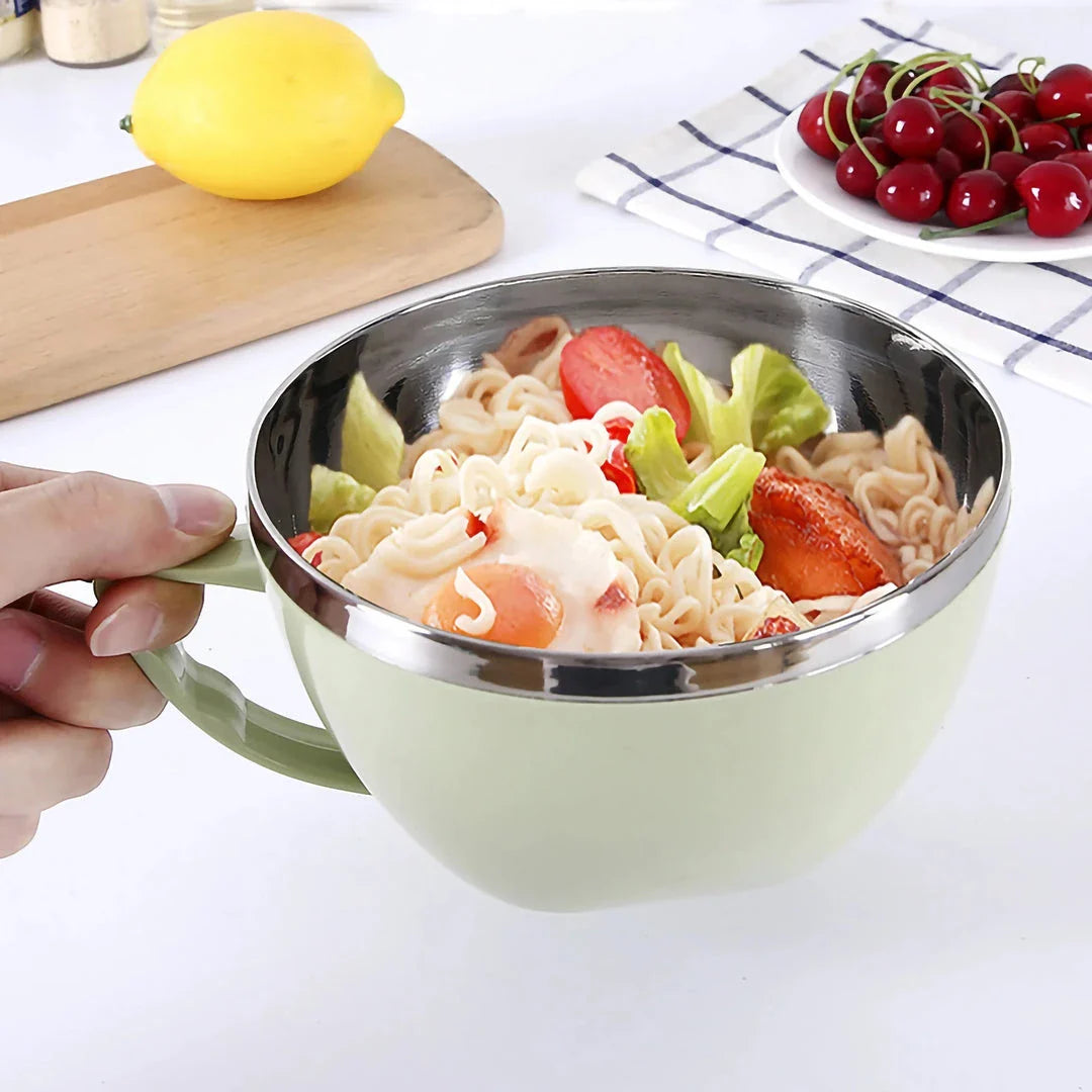 Colorful stainless steel mixing bowl with ergonomic handle, available in pink, green, and blue colors