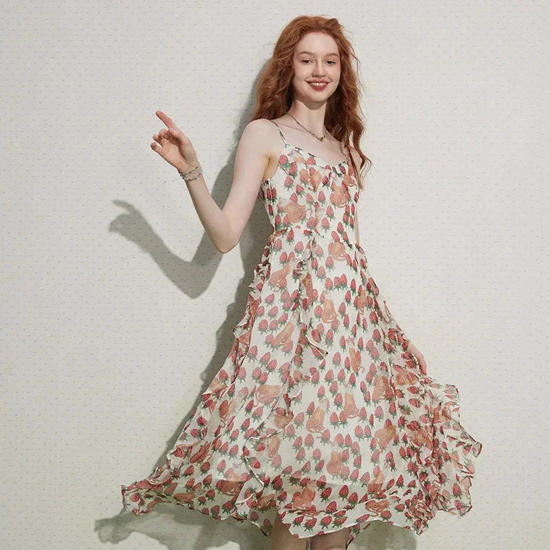 Elegant French floral midi dress with V-neck and spaghetti straps for a sophisticated, versatile look