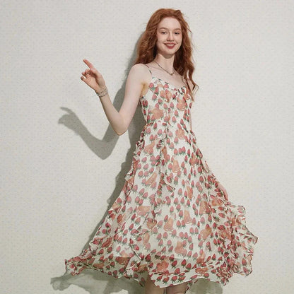 Elegant French floral midi dress with V-neck and spaghetti straps for a sophisticated, versatile look