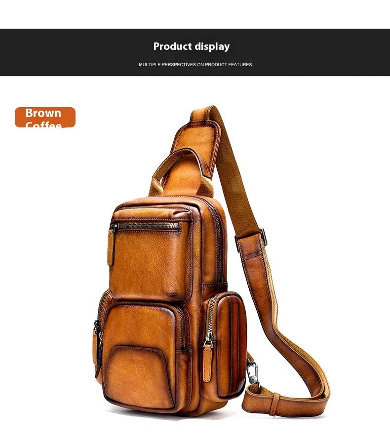 Men's casual first layer cowhide small chest bag in light brown color, featuring a compact and versatile design for everyday use