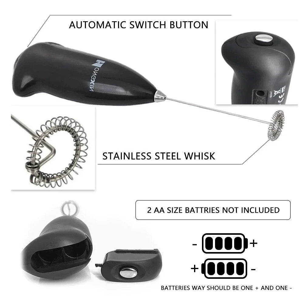 Portable electric milk frother and blender with sleek, ergonomic design and stainless steel mixing head