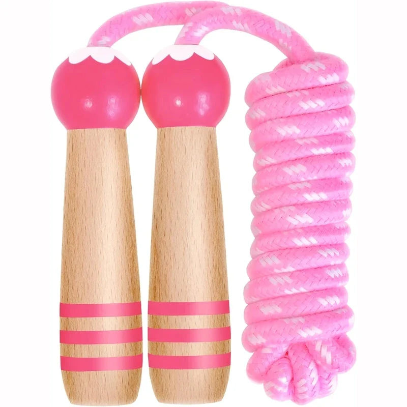 Adjustable Wooden Skipping Rope with Cartoon Characters for Kids in Blue, Green, and Pink Colors