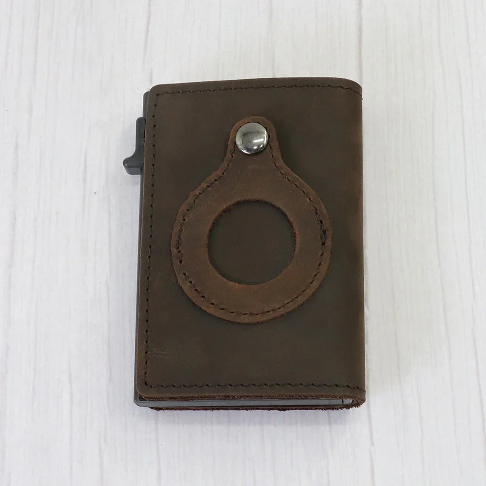 Automatic leather card wallet with anti-loss tracking feature, made with premium cowhide leather and aluminum alloy for secure and convenient card storage.