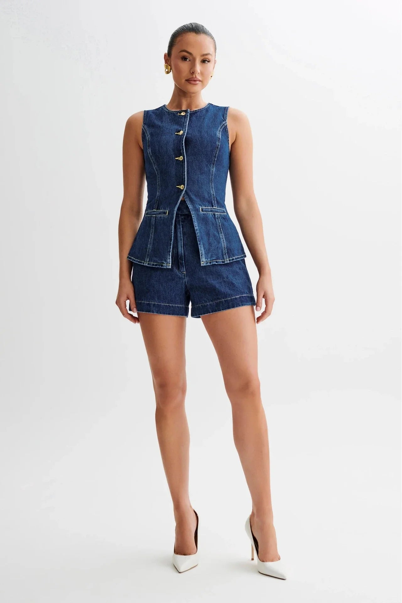 Sleeveless denim button-up top and high-waisted shorts set for women's summer fashion