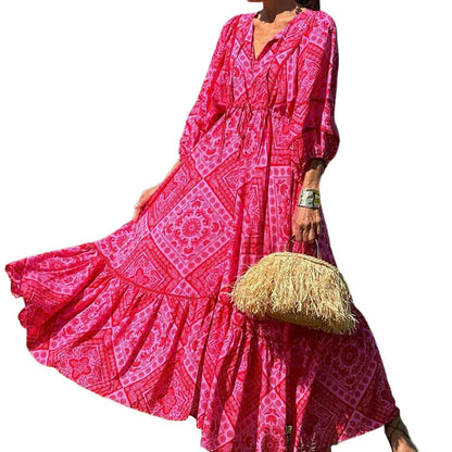 A vibrant red Bohemian-style dress with a geometric print pattern, featuring a mid-length, flattering silhouette and stretchy, comfortable Spandex fabric