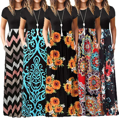 Stylish Bohemian dress with a vibrant collage-inspired print and milk silk fabric